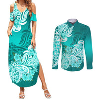Turquoise floral maxi dress with off-shoulder cutout and long-sleeve button shirt set