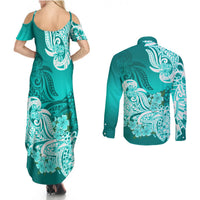 Turquoise floral maxi dress and long-sleeve button shirt set, both back views
