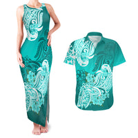 Turquoise floral tribal tank maxi dress and short-sleeve Hawaiian shirt set, front view