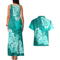 Turquoise floral tribal tank maxi dress and short-sleeve Hawaiian shirt set, back view
