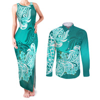 Polynesian Couples Matching Tank Maxi Dress and Long Sleeve Button Shirts Pacific Flower Mix Floral Tribal Tattoo Turquoise Vibe LT9 - Wonder Print Shop