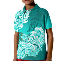 Kids turquoise polo shirt with front floral and tribal graphic print, button placket