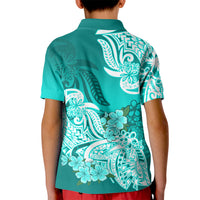 Kids turquoise polo shirt with large back floral and tribal motif graphic
