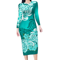 Polynesian Long Sleeve Bodycon Dress Pacific Flower Mix Floral Tribal Tattoo Turquoise Vibe - Wonder Print Shop