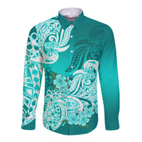 Polynesian Long Sleeve Button Shirt Pacific Flower Mix Floral Tribal Tattoo Turquoise Vibe - Wonder Print Shop