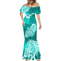 Polynesian Mermaid Dress Pacific Flower Mix Floral Tribal Tattoo Turquoise Vibe - Wonder Print Shop