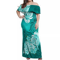Polynesian Off Shoulder Maxi Dress Pacific Flower Mix Floral Tribal Tattoo Turquoise Vibe - Wonder Print Shop