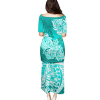 Polynesian Puletasi Pacific Flower Mix Floral Tribal Tattoo Turquoise Vibe - Wonder Print Shop