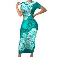 Turquoise short-sleeve bodycon dress with large floral tribal print, fitted midi length