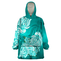 Polynesian Wearable Blanket Hoodie Pacific Flower Mix Floral Tribal Tattoo Turquoise Vibe - Wonder Print Shop