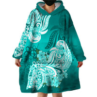 Polynesian Wearable Blanket Hoodie Pacific Flower Mix Floral Tribal Tattoo Turquoise Vibe - Wonder Print Shop