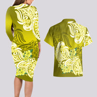 Polynesian Couples Matching Long Sleeve Bodycon Dress and Hawaiian Shirt Pacific Flower Mix Floral Tribal Tattoo Yellow Vibe LT9 - Wonder Print Shop