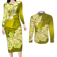 Polynesian Couples Matching Long Sleeve Bodycon Dress and Long Sleeve Button Shirts Pacific Flower Mix Floral Tribal Tattoo Yellow Vibe LT9 - Wonder Print Shop