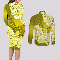 Polynesian Couples Matching Long Sleeve Bodycon Dress and Long Sleeve Button Shirts Pacific Flower Mix Floral Tribal Tattoo Yellow Vibe LT9 - Wonder Print Shop