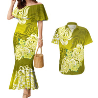 Green mermaid dress with off-shoulder ruffle and floral Hawaiian print; matching shirt