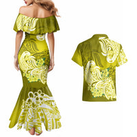 Green backless mermaid dress with ruffle and floral Hawaiian print; matching shirt back