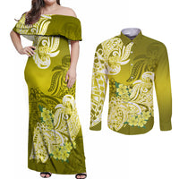 Yellow off-shoulder maxi dress with green floral print; long-sleeve button shirt matching print