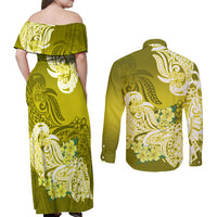 Back view: yellow off-shoulder maxi dress and matching long-sleeve button shirt with floral print