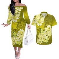 Polynesian Couples Matching Off The Shoulder Long Sleeve Dress and Hawaiian Shirt Pacific Flower Mix Floral Tribal Tattoo Yellow Vibe LT9 - Wonder Print Shop