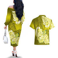 Polynesian Couples Matching Off The Shoulder Long Sleeve Dress and Hawaiian Shirt Pacific Flower Mix Floral Tribal Tattoo Yellow Vibe LT9 - Wonder Print Shop