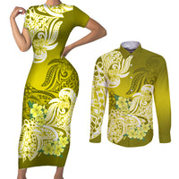 Polynesian Couples Matching Short Sleeve Bodycon Dress and Long Sleeve Button Shirts Pacific Flower Mix Floral Tribal Tattoo Yellow Vibe LT9 - Wonder Print Shop