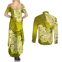 Yellow floral maxi dress with open shoulders and matching long-sleeve button shirt, back view