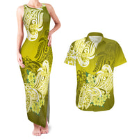 Polynesian Couples Matching Tank Maxi Dress And Hawaiian Shirt Pacific Flower Mix Floral Tribal Tattoo Yellow Vibe LT9 - Wonder Print Shop