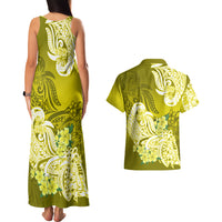 Polynesian Couples Matching Tank Maxi Dress And Hawaiian Shirt Pacific Flower Mix Floral Tribal Tattoo Yellow Vibe LT9 - Wonder Print Shop