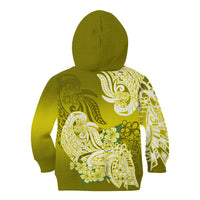 Kids yellow-green zip hoodie hood with white floral tribal graphic across the back