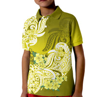 Kids yellow polo shirt with green floral tribal print and button collar