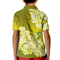 Kids yellow polo shirt back view with floral tribal pattern and collar