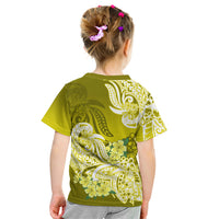 Kids T-shirt, green with white and yellow floral tribal print back