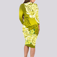 Polynesian Long Sleeve Bodycon Dress Pacific Flower Mix Floral Tribal Tattoo Yellow Vibe - Wonder Print Shop