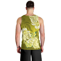 Men's yellow-green tank top back view with large white floral tribal print