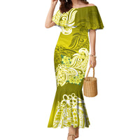 Yellow off-shoulder mermaid dress with white Polynesian floral tribal print, short sleeves