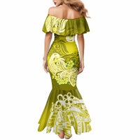 Yellow off-shoulder mermaid dress with white Polynesian floral tribal print on back
