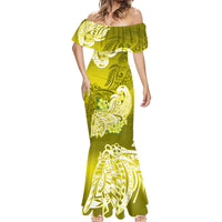 Yellow off-shoulder mermaid dress with white Polynesian tribal floral design, fitted bodice