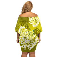 Polynesian Off Shoulder Short Dress Pacific Flower Mix Floral Tribal Tattoo Yellow Vibe - Wonder Print Shop