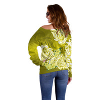 Polynesian Off Shoulder Sweater Pacific Flower Mix Floral Tribal Tattoo Yellow Vibe - Wonder Print Shop
