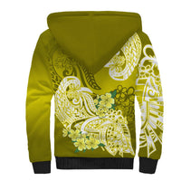 Yellow unisex sherpa hoodie with large white-and-green floral bird graphic on back