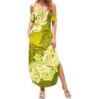 Women’s yellow maxi dress, floral tribal print, off-shoulder sleeves, side slit