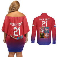 Custom Czech Republic Couples Matching Off Shoulder Short Dress and Long Sleeve Button Shirt Unique Double Tailed Lion LT9 - Wonder Print Shop