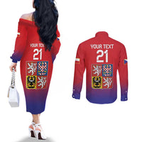 Custom Czech Republic Couples Matching Off The Shoulder Long Sleeve Dress and Long Sleeve Button Shirt Unique Double Tailed Lion