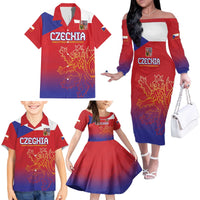 Custom Czech Republic Family Matching Off The Shoulder Long Sleeve Dress and Hawaiian Shirt Unique Double Tailed Lion - Wonder Print Shop