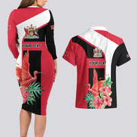 Trinidad and Tobago Personalized Couples Matching Long Sleeve Bodycon Dress and Hawaiian Shirt Scarlet Ibis Tropical - Wonder Print Shop