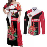 Trinidad and Tobago Personalized Couples Matching Off Shoulder Maxi Dress and Long Sleeve Button Shirt Scarlet Ibis Tropical - Wonder Print Shop