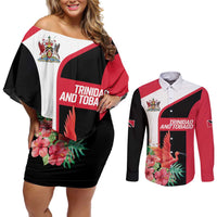 Trinidad and Tobago Personalized Couples Matching Off Shoulder Short Dress and Long Sleeve Button Shirt Scarlet Ibis Tropical - Wonder Print Shop