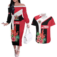 Trinidad and Tobago Personalized Couples Matching Off The Shoulder Long Sleeve Dress and Hawaiian Shirt Scarlet Ibis Tropical - Wonder Print Shop