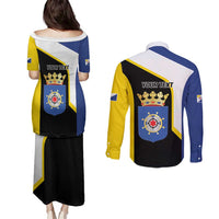 Caribbean Bonaire Personalized Couples Matching Puletasi and Long Sleeve Button Shirt Simple Flag Style - Wonder Print Shop