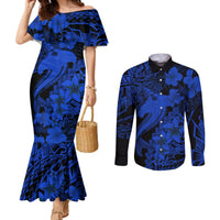 aloha-hawaii-couples-matching-mermaid-dress-and-long-sleeve-button-shirts-hammerhead-shark-tattoo-polynesian-summer-blue